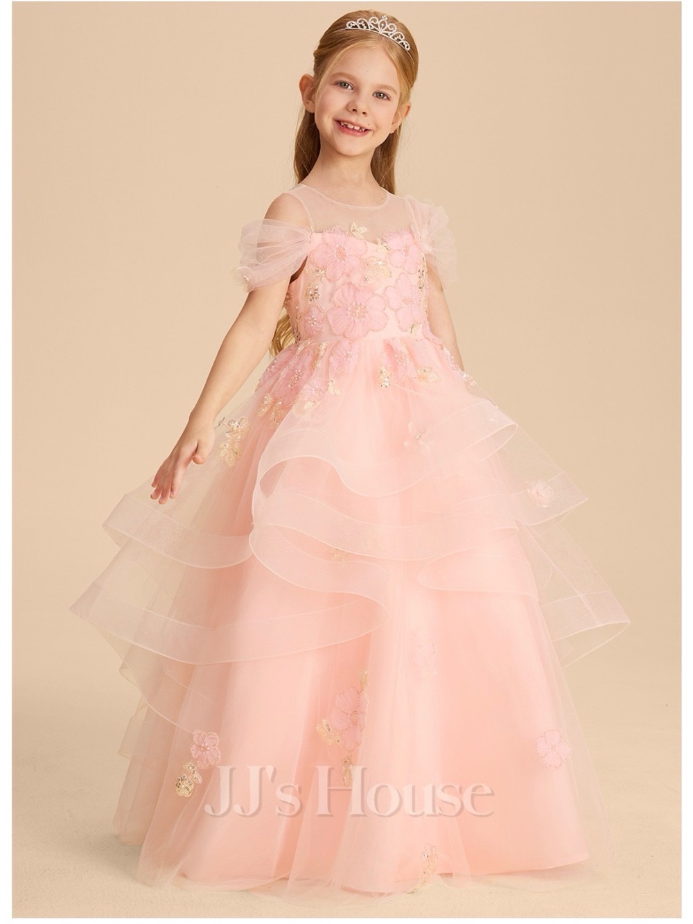 JJs House Light Pink Floral Tulle Girls' Princess Gown